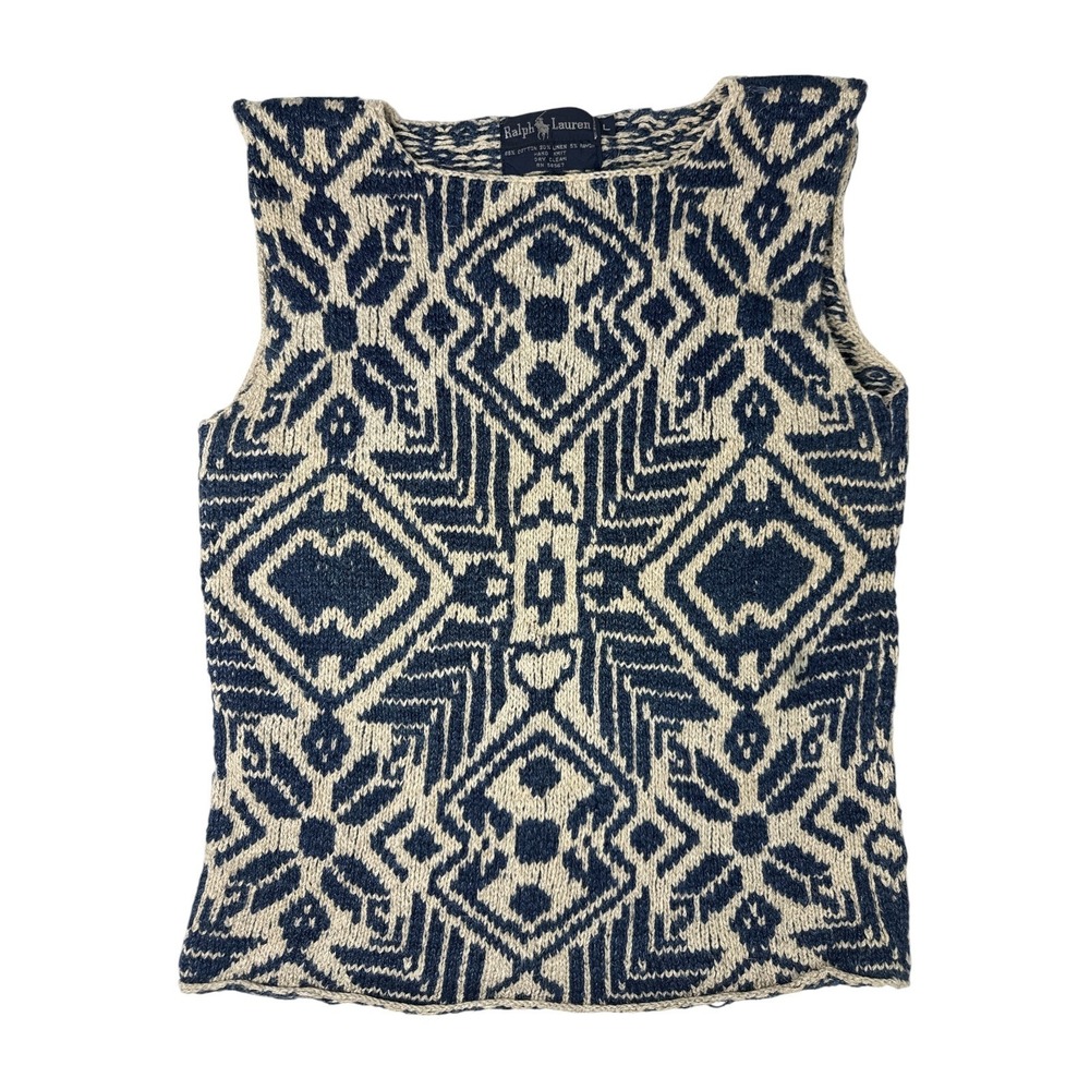NWOT Ralph Lauren vintage Sweater Vest Women L Navy Blue  Hand Knit  Ikat - Picture 2 of 6